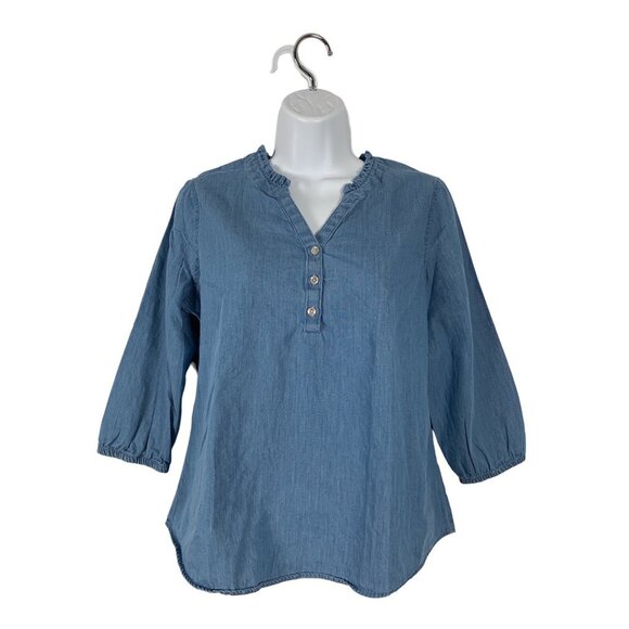 Croft & Barrow Chambray Ruffle V-Neck Top 3/4 Sleeve Denim Blouse Womens Size PS - Picture 1 of 10